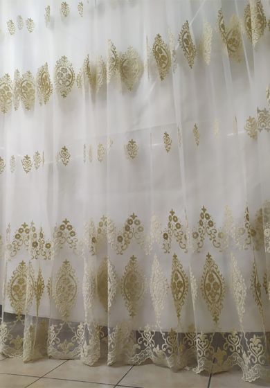 tenda a metro in devorè con filamenti laminati base piombata altezza 3 metri 11 Tenda a Metro in Tulle con Base Orlata Altezza 3 Metri Panna Oro