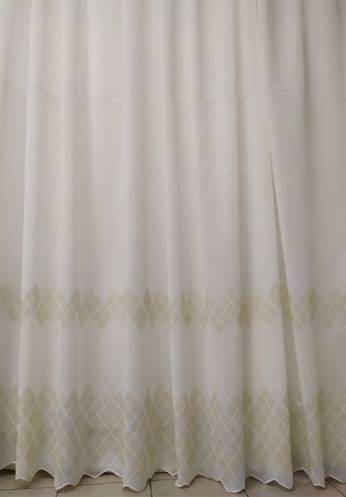 tenda a metro in devorè con filamenti laminati base piombata altezza 3 metri 9 Tenda a Metro in Bouclè Effetto Lino con Due Balze Altezza 3 Metri